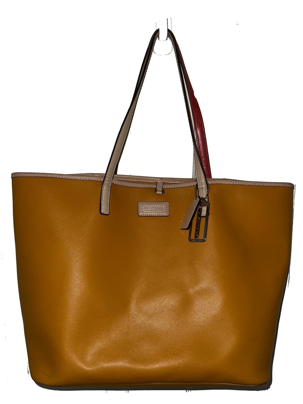 Coach Mustard Leather Tote with Neutral Trim and Red Accent F24341